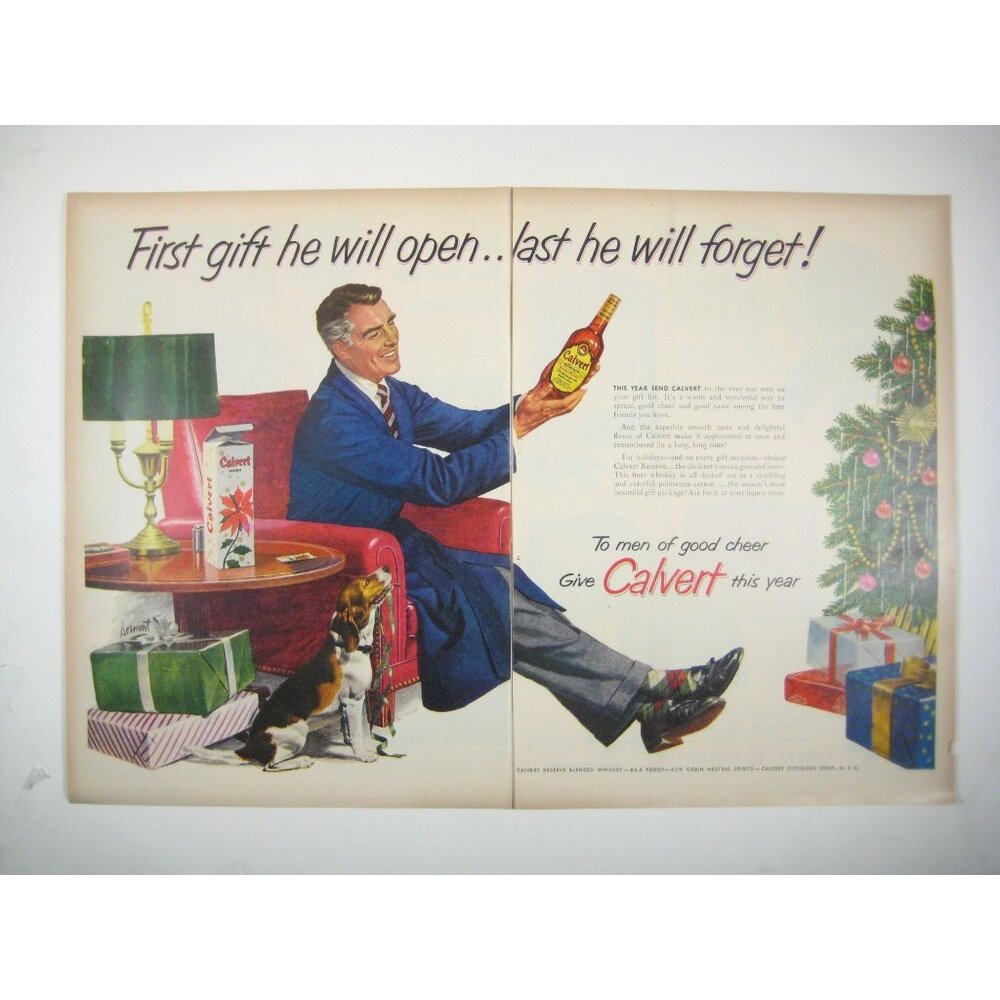 Vintage 1953 Calvert Whiskey Advertisement Print Ad Man Christmas Scene MOD READ